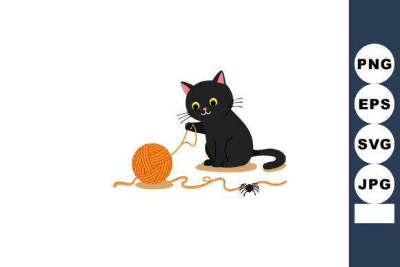 Black Cat Playing with Orange Yarn Ball