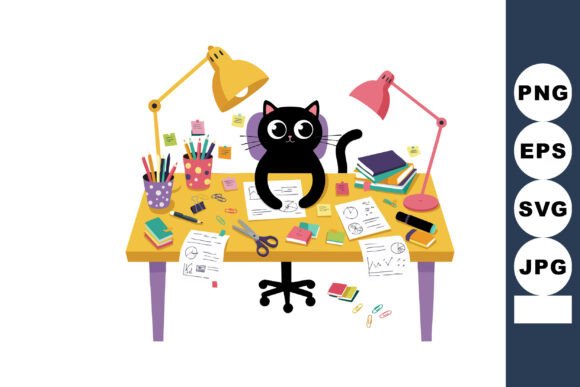 Black Cat Sitting on Cluttered Desk