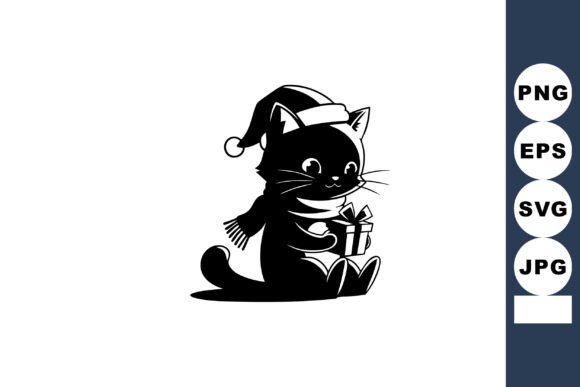 Black Cat Wearing Santa Hat Holding Chri
