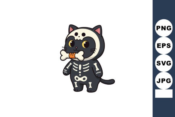 Black Cat Wearing Skeleton Costume Holdi
