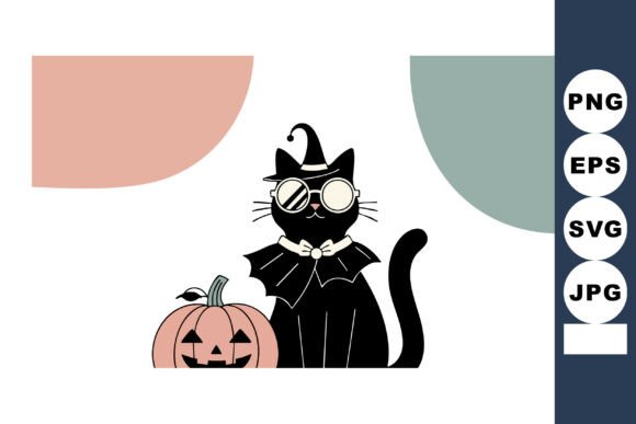 Black Cat with Witch Hat and Round Glass
