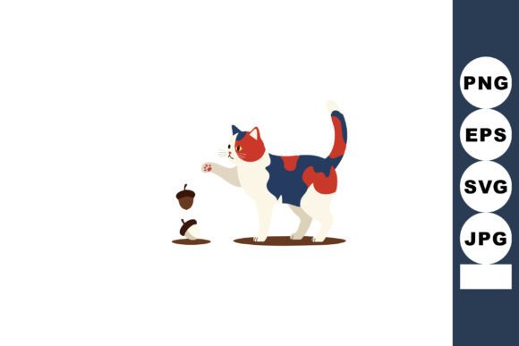 Calico Cat Playing with Acorns on White