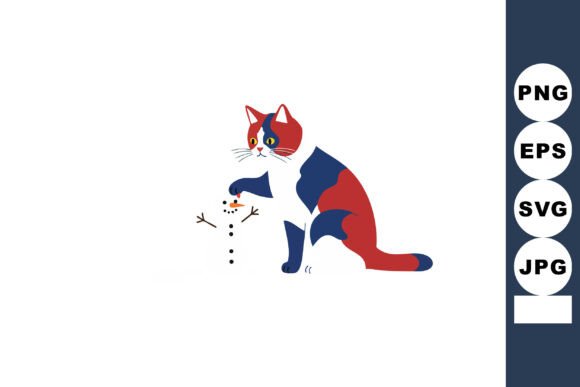 Cat Playing with Snowman Winter Scene