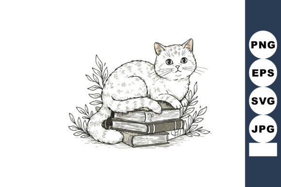Cat Resting on Stack of Books with Leave