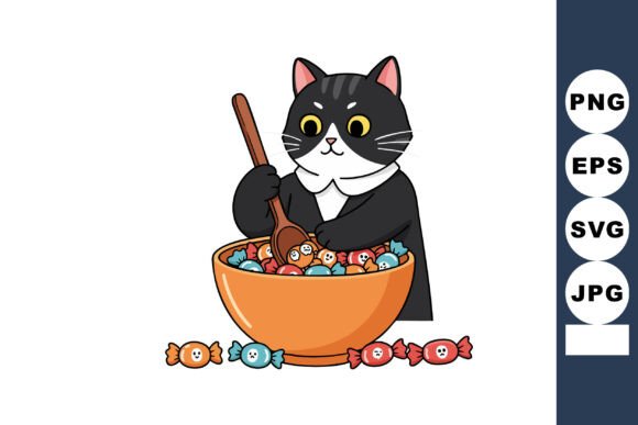 Cat Stirring Bowl Full of Colorful Candi
