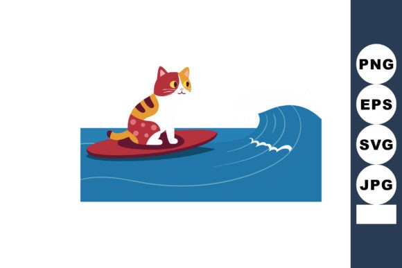 Cat Surfing on a Red Surfboard Riding Bl