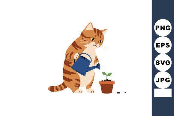Cat Watering Small Plant in Pot Cute Gar