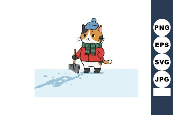 Cat Wearing Winter Clothes Shoveling Snow