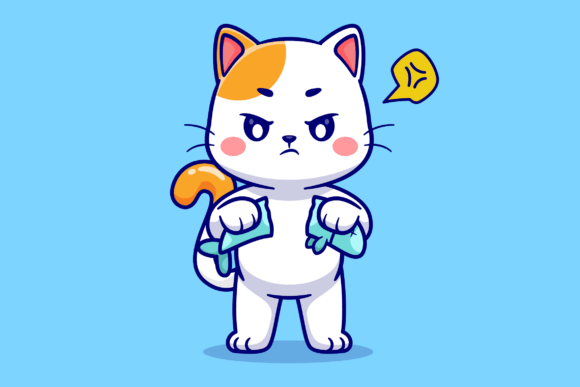 Cute Angry Cat Breaking Fish Cartoon
