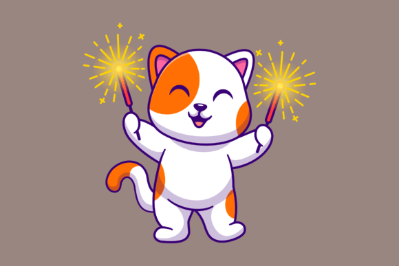 Cute Cat Playing Fireworks Cartoon