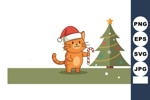 Cute Cat Wearing Santa Hat Holding Candy