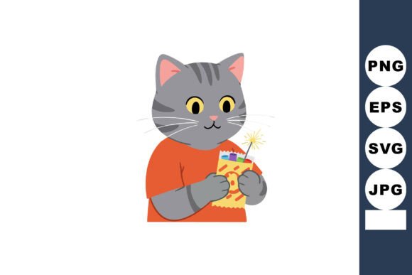 Cute Gray Cat Holding Birthday Cake