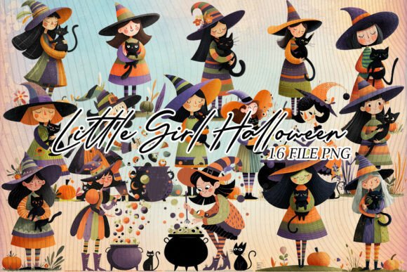 Cute Little Girl Witch Cat Halloween
