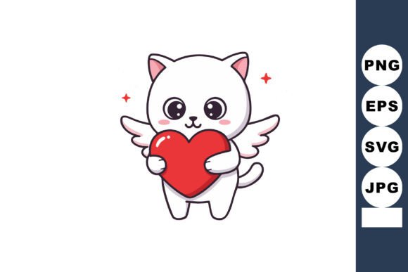 Cute White Cat with Wings Holding Red Heart