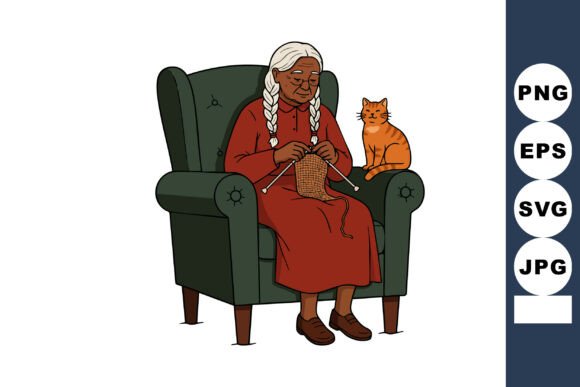 Elderly Woman Knitting in Armchair