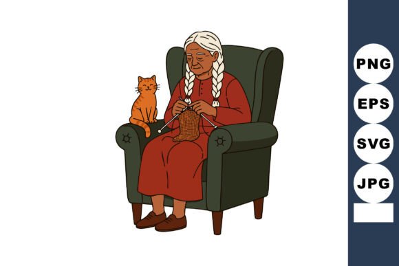 Elderly Woman Knitting with Cat Sitting
