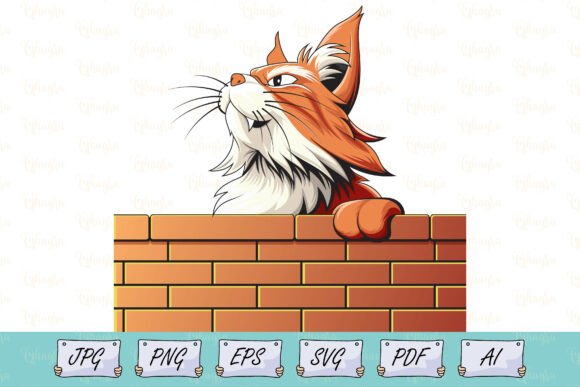 Fierce Fluffy Cat on Brick Wall Vector