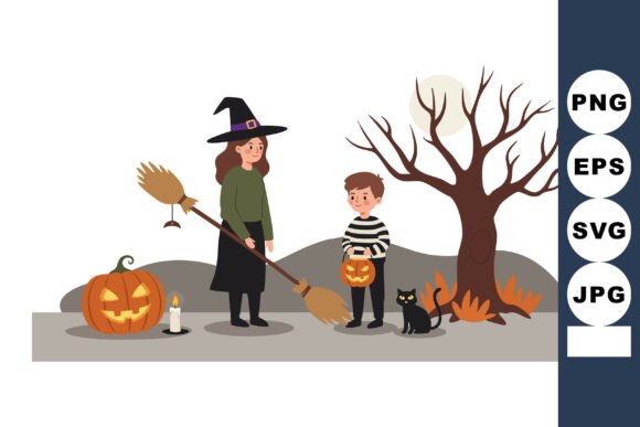Halloween Witch and Child Holding Pumpki