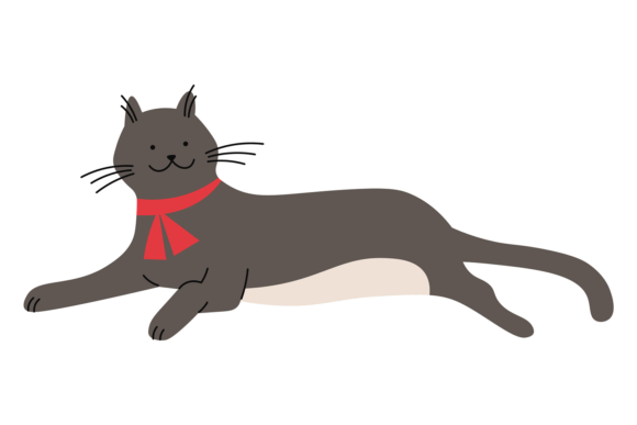 Laying Black Cat Doodle Drawing. Cute an