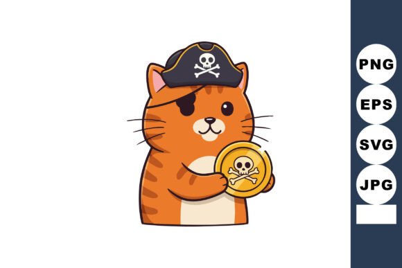 Pirate Cat Holding Gold Coin with Skull