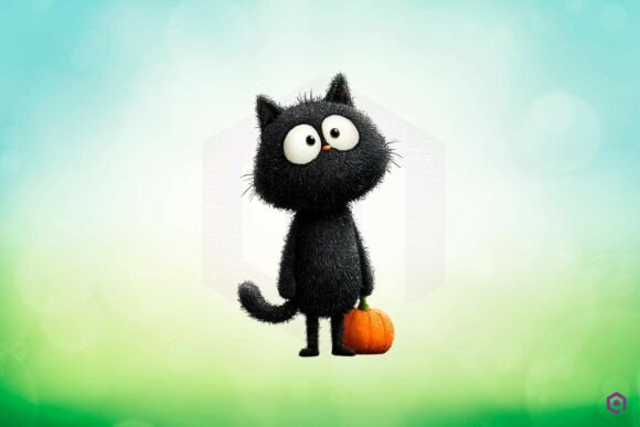 Quirky Halloween Black Cat Standing Next to Pumpkin