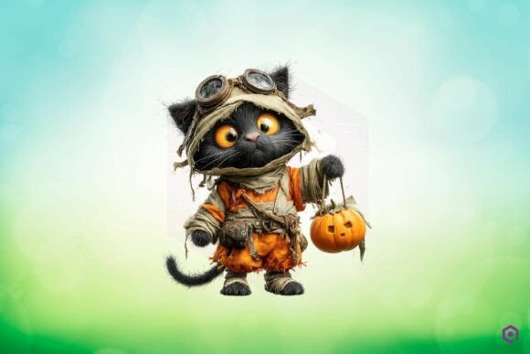 Quirky Halloween Cat in Mummy Costume with Pumpkin