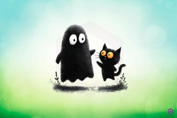 Quirky Halloween Ghost Playing with Black Cat Clipart 11