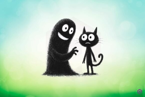 Quirky Halloween Ghost Playing with Black Cat Clipart 15