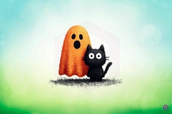 Quirky Halloween Ghost Playing with Black Cat Clipart 26