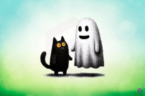 Quirky Halloween Ghost Playing with Black Cat Clipart 5