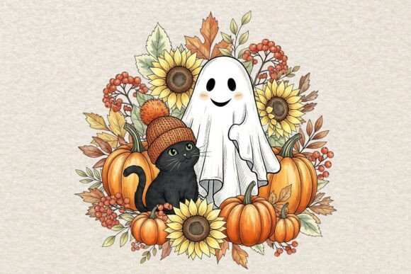 Retro Halloween Ghost and Cat PNG