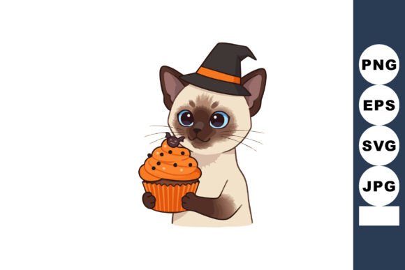 Siamese Cat Holding Halloween Cupcake