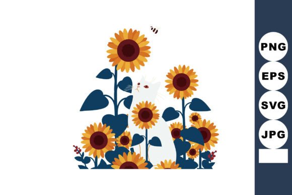 Sunflowers with White Cat and Bee in Gar