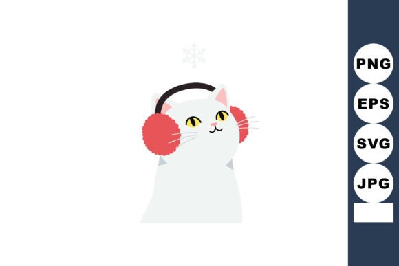 White Cat Wearing Red Earmuffs Listening