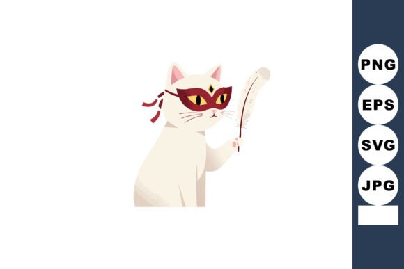 White Cat Wearing Red Mask Holding Feath