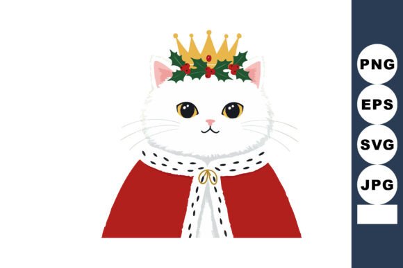 White Cat Wearing Royal Crown and Red Cape