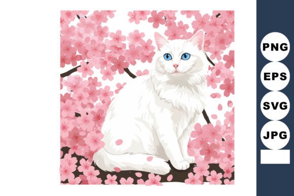 White Cat with Blue Eyes Sitting Among P