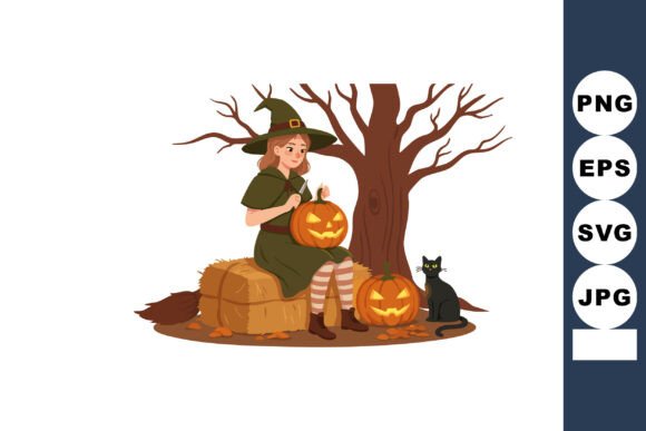 Witch Sitting on Hay Bales with Jack O L
