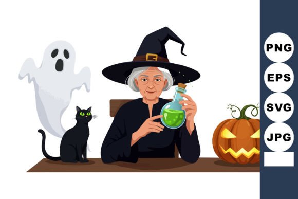 Witch with Potion Bottle Black Cat Pumpk