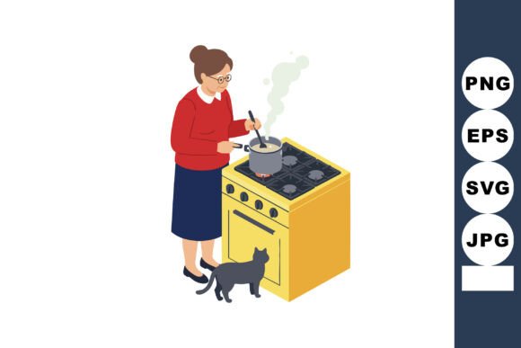 Woman Cooking on Yellow Stove with Black