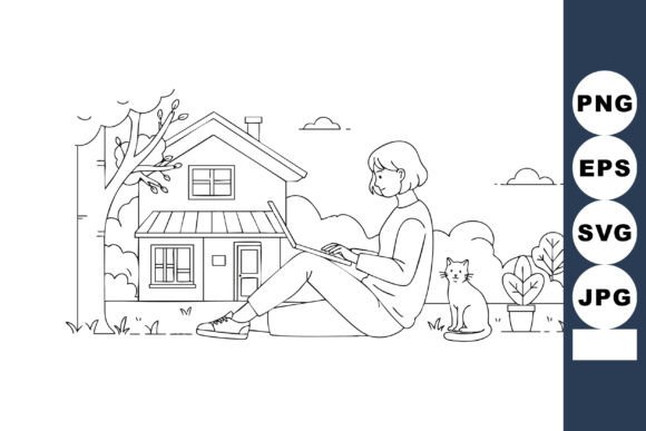 Woman Working on Laptop Outside House